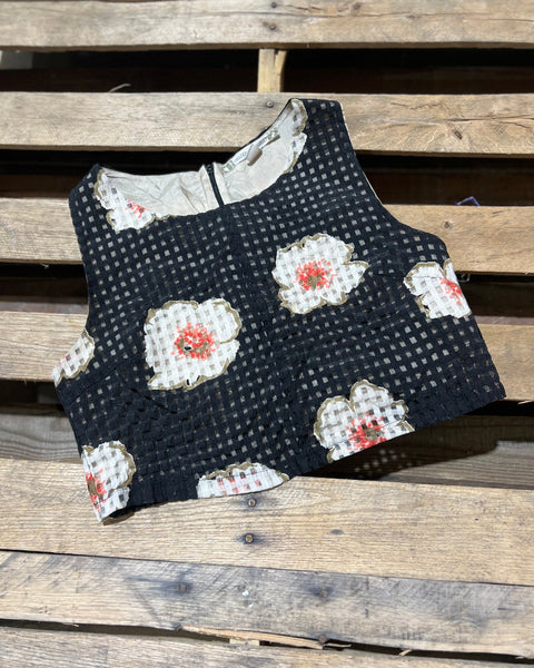 "KC" Black Crop Top With Ivory Flowers (Chelsea & Violet) Size: M