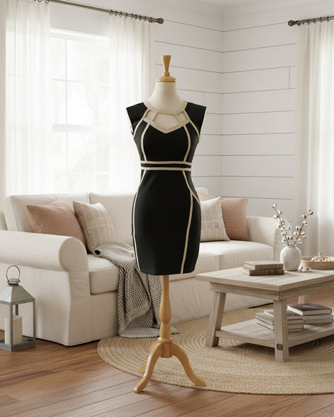 "KC" Black Sleeveless Dress With Beige Trim: 4