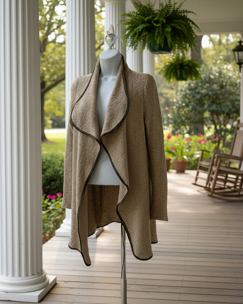 "KC" Oatmeal Cardigan with Leather Trim: X-small