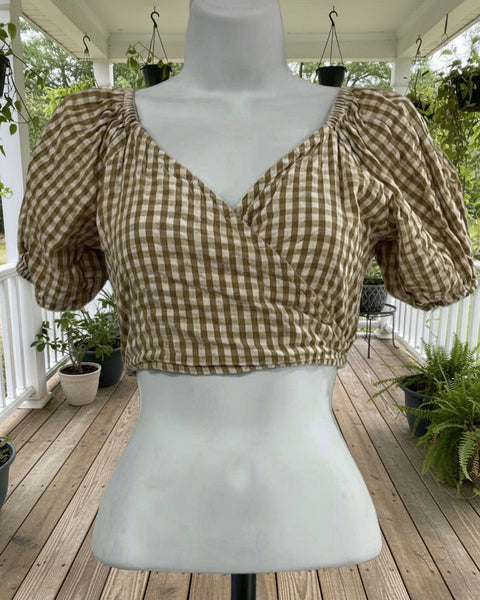 "KC" Sim & Sam Taupe Gingham Crop Top: XSmall