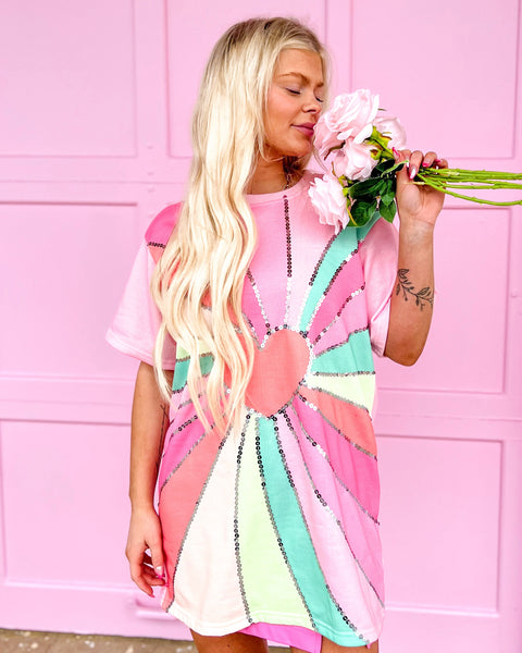 Pastel Color Block Heart Sequin Tunic Dress - The Lace Cactus