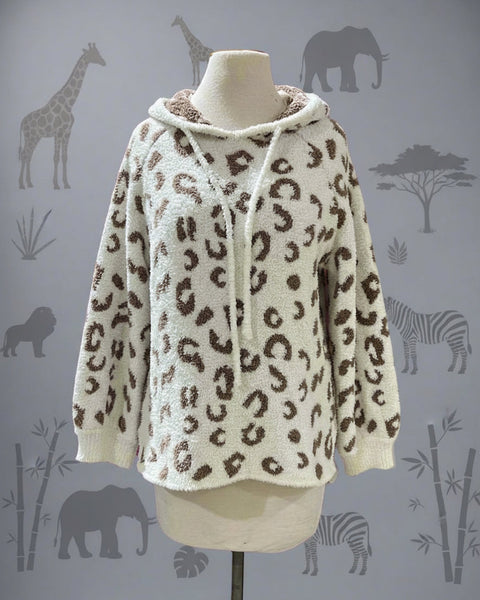"KC" Off White & Taupe Leopard Wooly Hoodie: Small