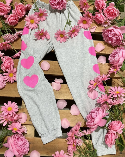 "KC" Heathered Gray Pink Heart Joggers: Small