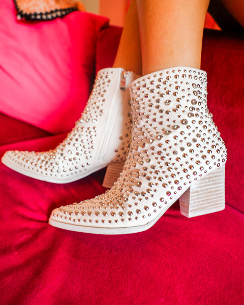 Hazel White Studded Rhinestone Booties - The Lace Cactus
