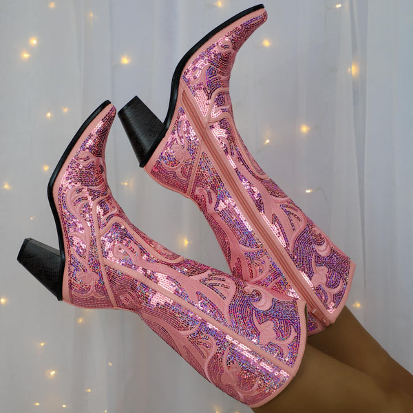 Cowgirl Barbie Pink Sequin Boots - The Lace Cactus
