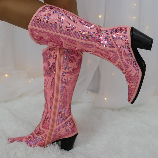 Cowgirl Barbie Pink Sequin Boots - The Lace Cactus