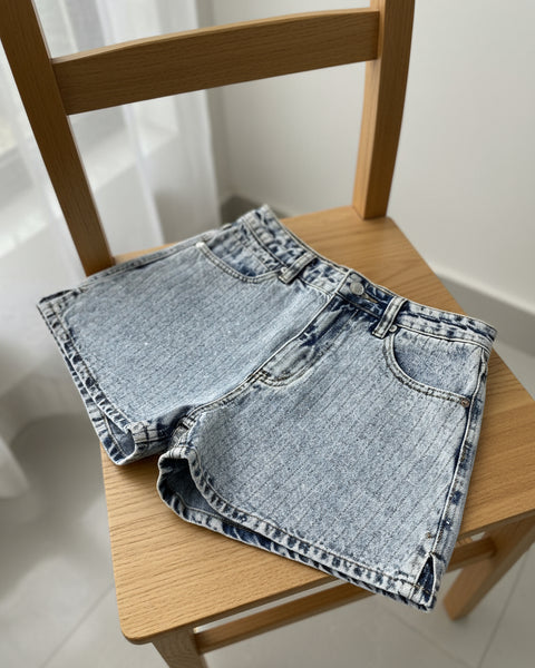 "KC" Rhinestone Stripe Acid Wash Denim Shorts: Small