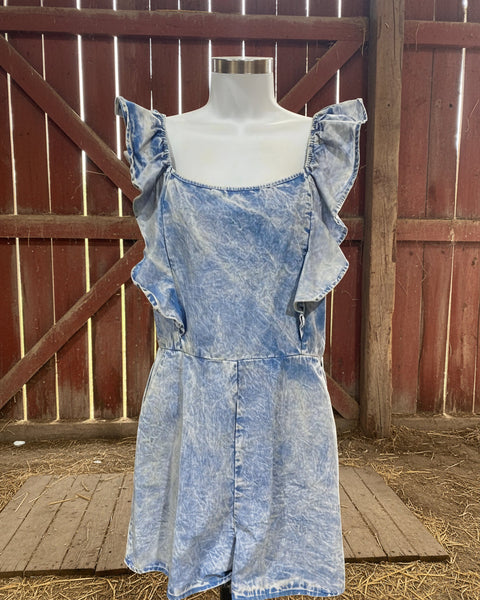 "KC" Blue Acid Washed Ruffle Shoulder Romper: Small