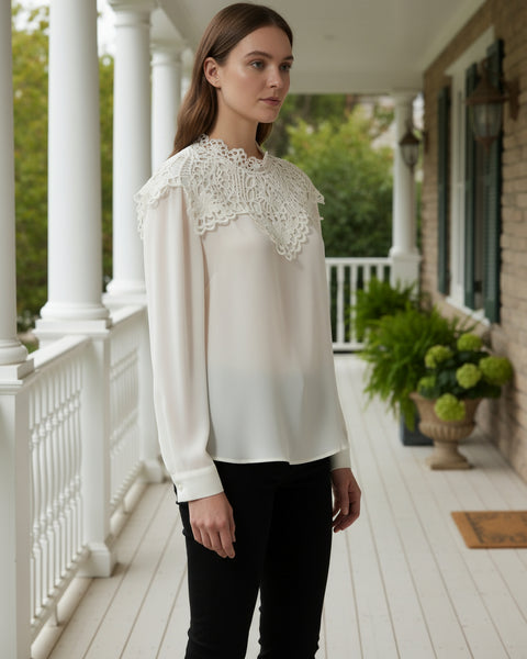 "KC" White Lace Yoke Crepe Blouse: Small