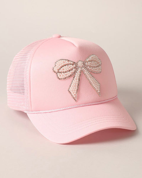 Pink & Pearls Rhinestone Bow Patch Trucker Hat