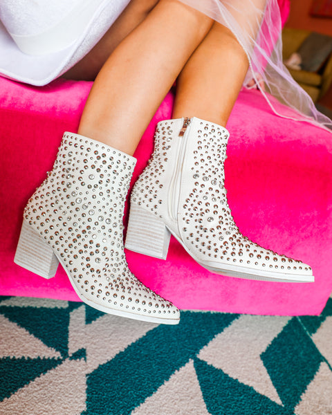 Hazel White Studded Rhinestone Booties - The Lace Cactus