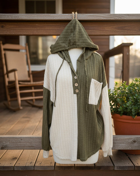 "KC" Beige & Sage Colorblock Hoodie: Small