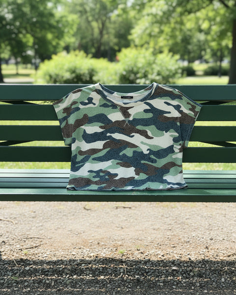 "KC" Green Camo Cap Sleeve Crop Top: Small