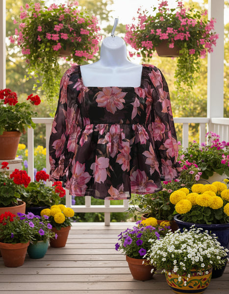 "KC" Rose Print Peplum Crop Top: Xsmall