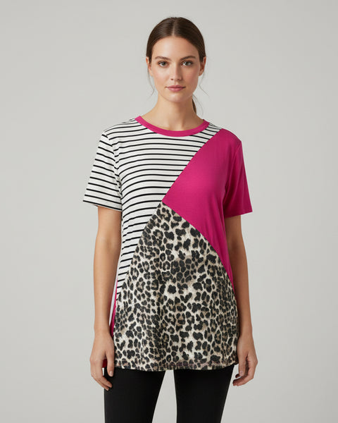 "KC" Leopard, Stripe & Hot Pink Tee: Small