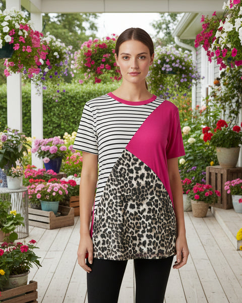 "KC" Leopard, Stripe & Hot Pink Tee: Small