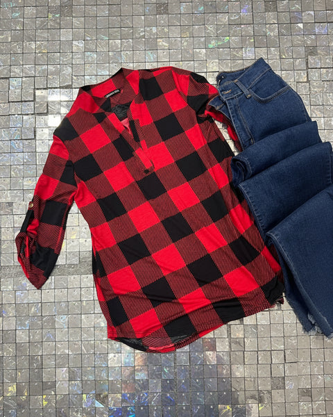 Red Plaid Collard 3/4 Sleeve Top - The Lace Cactus