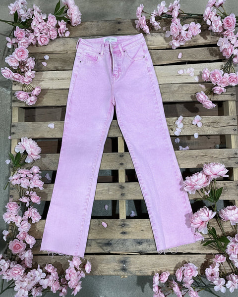 "KC" High Rise Raw Hem Pink Jeans: 1