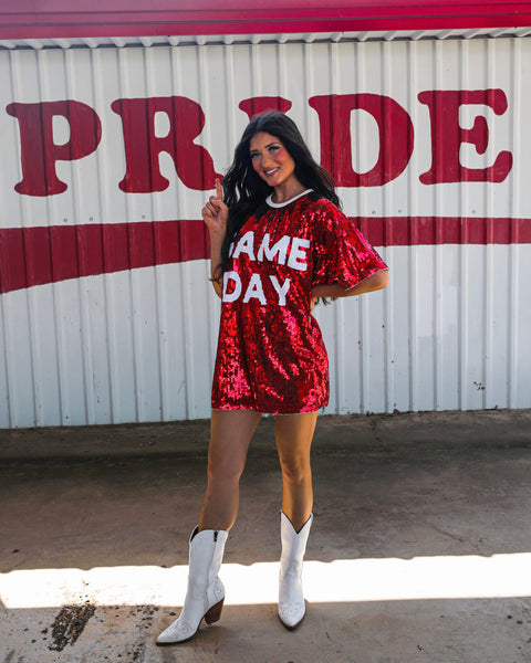 Red Sequin “GAME DAY” Tee - The Lace Cactus