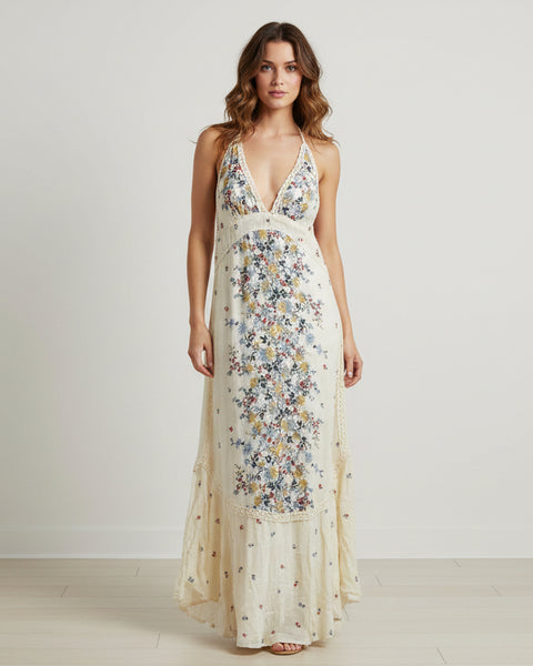 "KC" Cream Floral V-neck Midi Dress Free People-Sm
