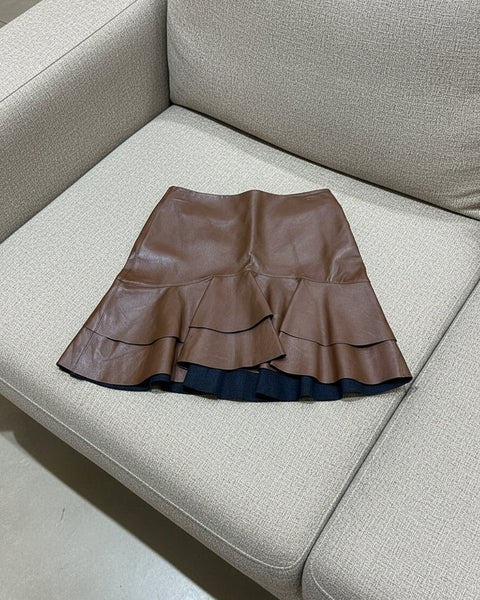 "KC" Brown Faux Leather Ruffle Skirt: Small