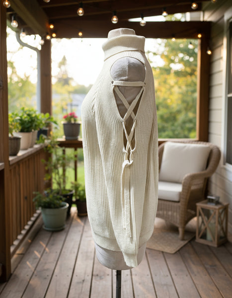 "KC" Cream Turtle Neck Cold Shoulder Sweater: Small