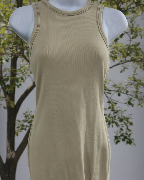"KC" Beige Ribbed Tank Midi Dress: Medium