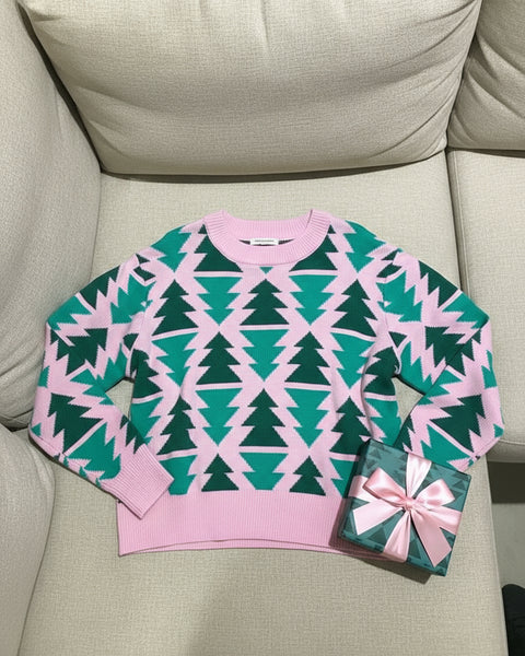 "KC" Pink & Green Tree Sweater: XL