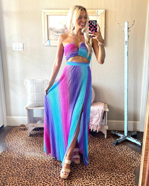 "KC" Multi Bodre Cut Out Halter Neck Maxi Dress: Small