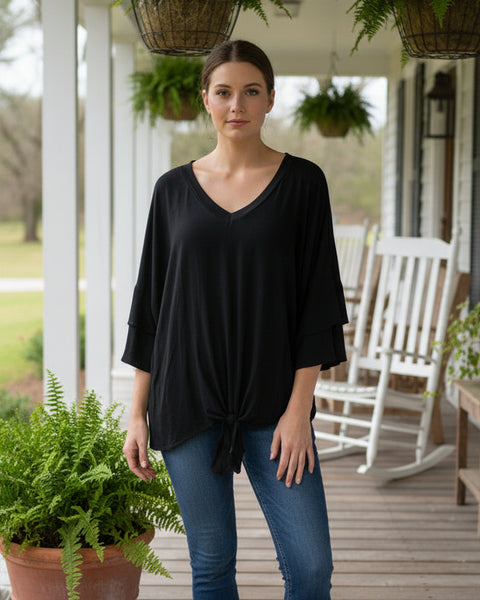 "KC" Black V-Neck Ruffle Sleeve Top: 3X