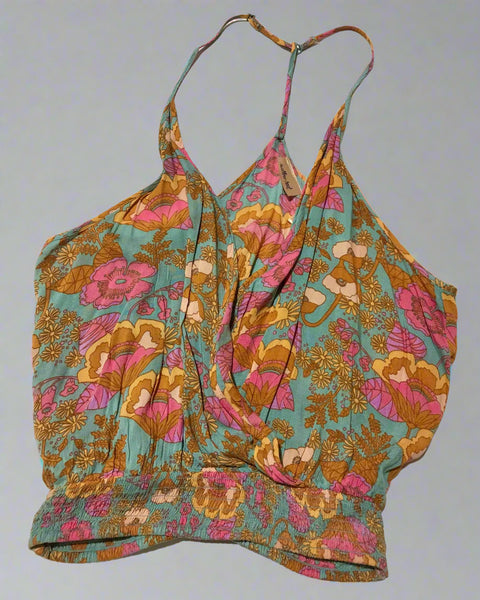 "KC" Light Blue Strap Crop Top Tank w/ Pink & Rust Florals: MD