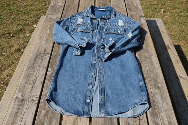 "KC" Rocker Washed Studded Denim Jacket: SM