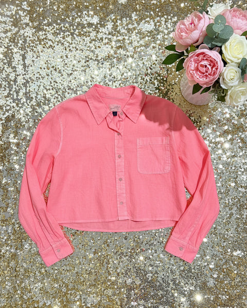 "KC" Neon Coral Cropped Button Up Shirt: MD