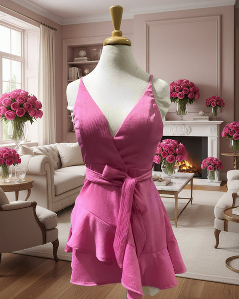 "KC" Pink V Neck Flutter Hem Mini Dress: Medium