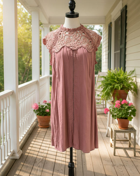 "KC" Mauve Panel Dress With Lace Top: Small