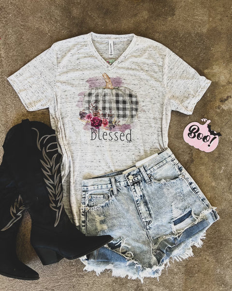 Heathered Light Grey “BLESSED” Graphic Tee - The Lace Cactus