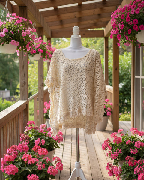 "KC" Cream Crochet Poncho: OS