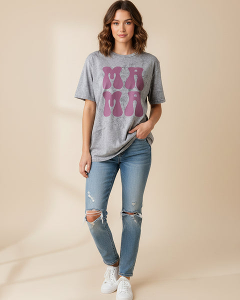 Gray Oversized "MAMA" Neon Retro Graphic Tee