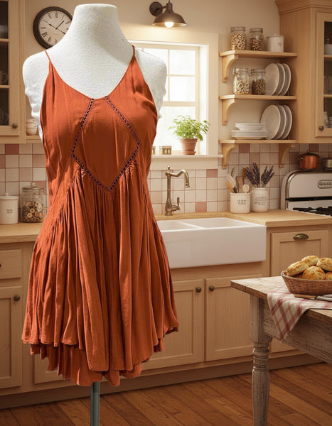 "KC" Rust Layered Skirt Asymmetrical Dress: XSmall