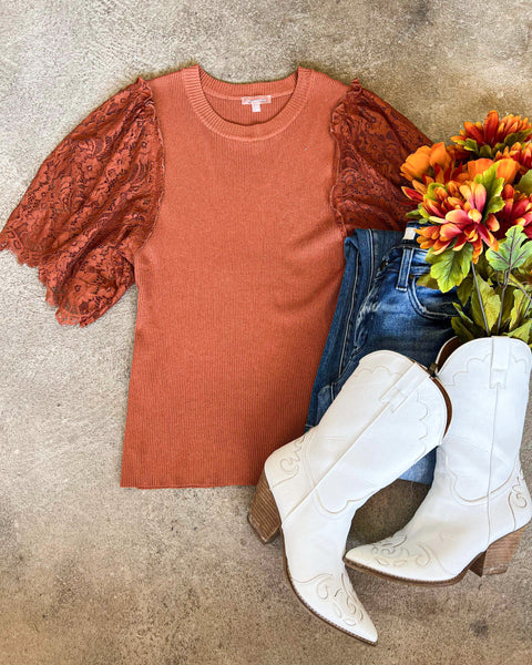 (PLUS) Jessie Cognac Knit & Lace Top - The Lace Cactus