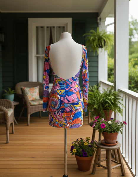 "KC" Groovy Print Scoop Neck Dress: Small