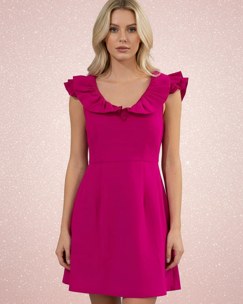 "KC" Fuchsia Ruffle Neck Midi Dress: Small