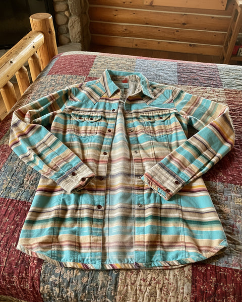 “KC” Teska Polizzi Aqua/ Beige Stripe Pearl Snap Shirt:SMALL