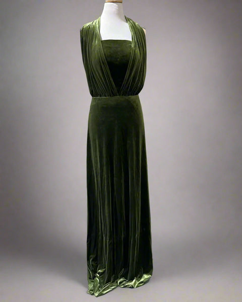 "KC" Olive 2 Piece Shiny Velvet Maxi Dress: Small