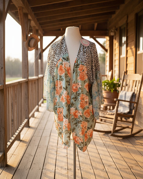 "KC" Sage Mix Floral & Animal Print Kimono: Small