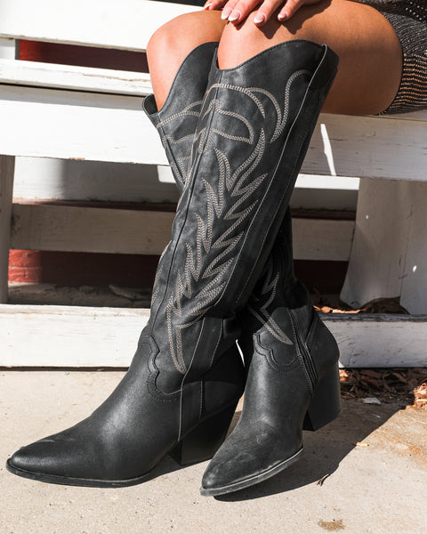 Vada Black Western Tall Boots - The Lace Cactus