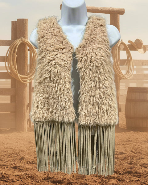 "KC" Shaggy Beige Vest With Suede Fringe: Small