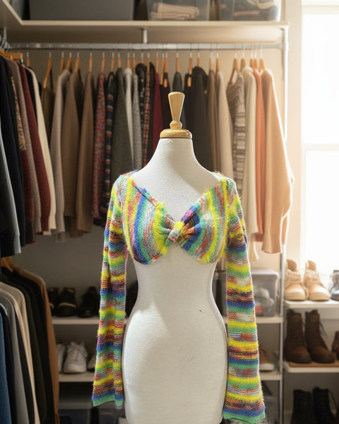 "KC" Rainbow Stripe Fuzzy Twist Front Shrug: Small