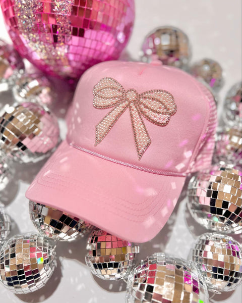 Pink & Pearls Rhinestone Bow Patch Trucker Hat