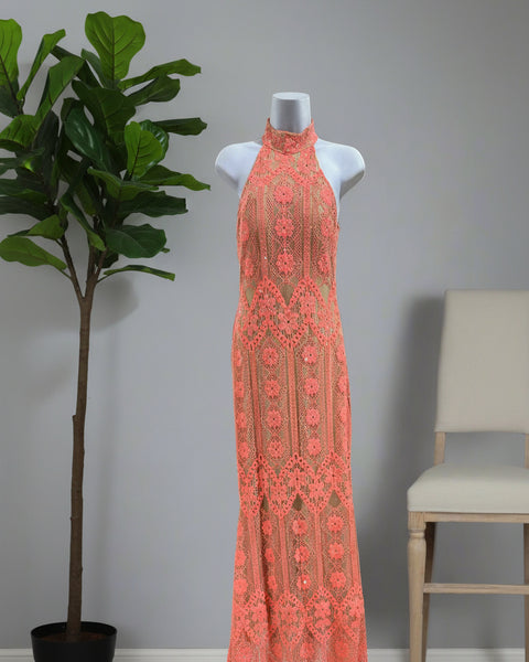 "KC" JOVANI Coral Lace & Rhinestone Maxi Dress: Size 2